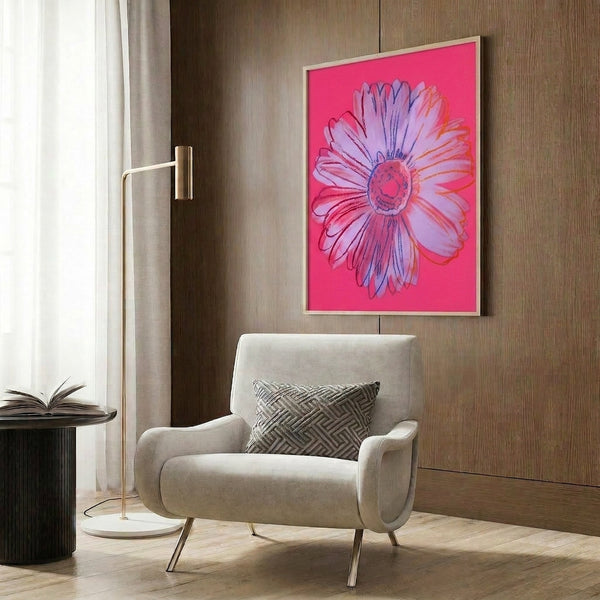 Pop art style daisy poster rendered in warm pink tones with radiant yellow center, cheerful modern flower artwork for wall décor.