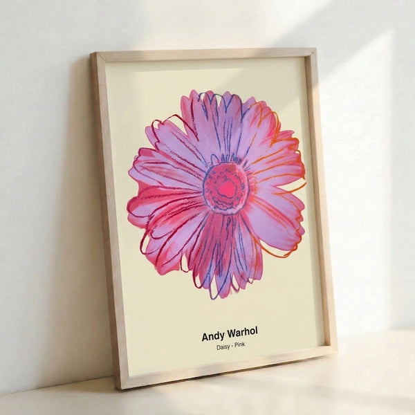 Vibrant pop art daisy poster in saturated pink and magenta hues with striking black outlines, creating a whimsical and modern take on floral wall art.