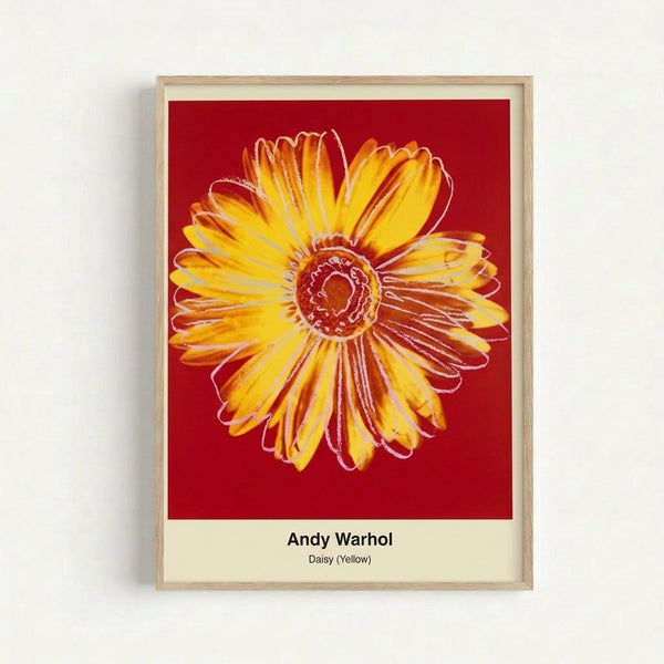 Playful modernist flower artwork featuring a stylized daisy in cheerful yellow and green tones, pop art style framed wall art.