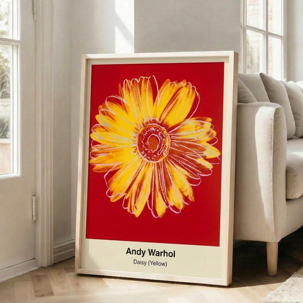Contemporary pop art daisy poster with striking yellow petals and energetic color blocking in green and pink, modern wall decor.