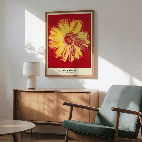 Bold graphic daisy artwork in pop art style with saturated yellow, vivid green leaves, and playful pink details, modern framed print.