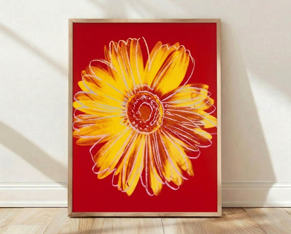 Bright yellow daisy flower pop art print in vibrant, bold colors hanging on a wall as framed poster art.