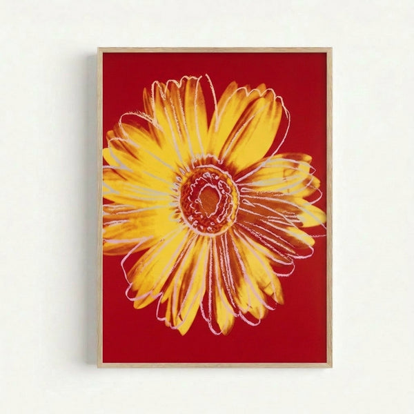 Modern pop art daisy design featuring cheerful yellow petals and contrasting hues in a contemporary wall frame.
