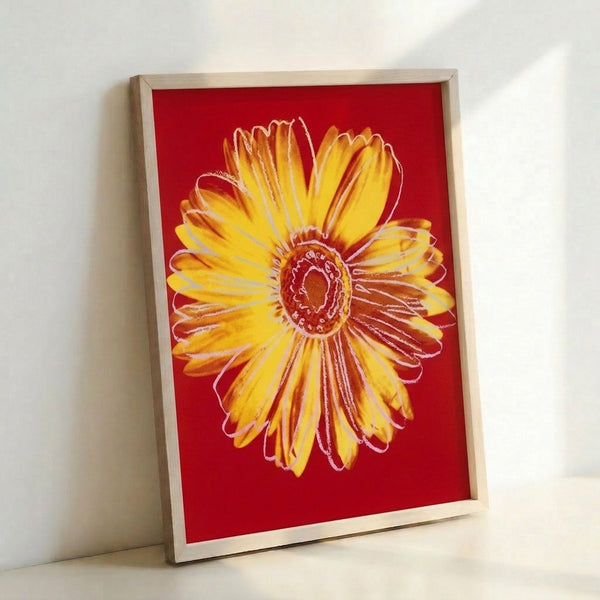 Colorful daisy flower artwork in pop art style with warm yellow tones and striking graphic composition.