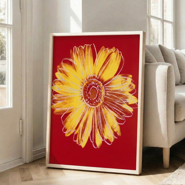 Yellow daisy pop art print displayed as framed wall art with bold, vibrant color palette and modern aesthetic.