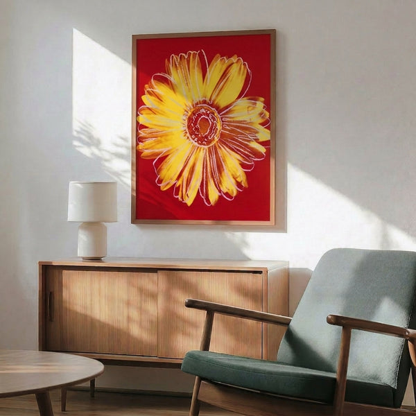 Daisy flower pop art poster in sunny yellow featuring flattened forms and bright color blocking characteristic of pop art movement.