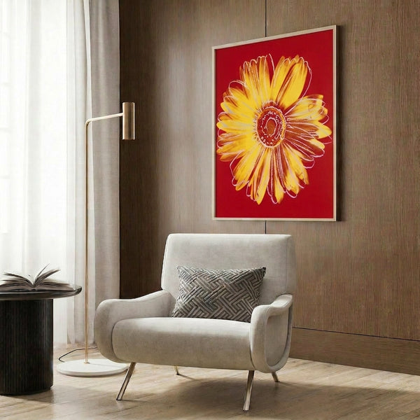 Framed pop art daisy print with luminous yellow and complementary colors creating energetic, contemporary wall decor.