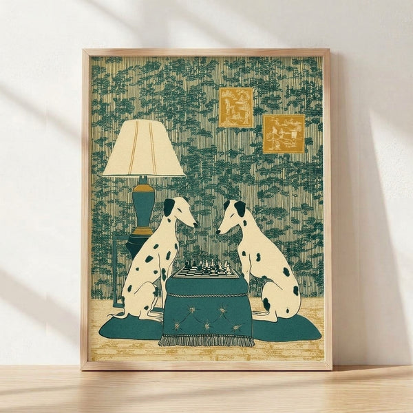 Art Nouveau framed poster featuring two dalmatians playing chess by lamplight in an elegant interior, rendered in cream, teal, gold, and black tones with whimsical sophistication.