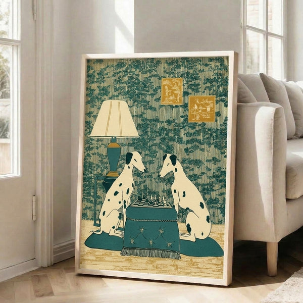 Vintage-style art print of dalmatians engaged in a chess game amid ornate furnishings and patterned wallpaper, blending Japandi aesthetics with dark academia charm in muted golds and forest greens.