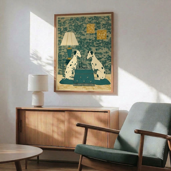Framed wall art depicting dalmatians at a chess table under a decorative lamp, styled in Art Nouveau with cozy domestic elegance using cream, teal, and gold accents.