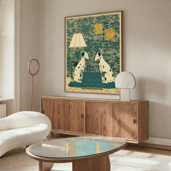Sophisticated poster art showing two spotted dogs playing chess in a richly decorated room, featuring vintage Art Nouveau design in cream, black, and jewel-tone colors with whimsical appeal.