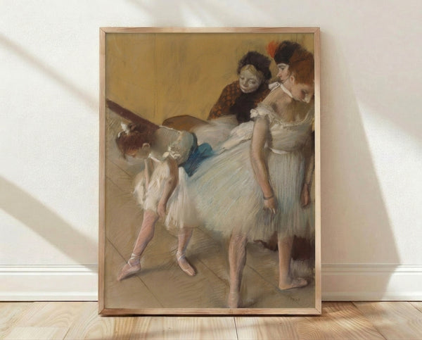 Framed poster of Dance Examination featuring elegantly posed ballet dancers in soft pastels and muted earth tones, capturing a serene moment of artistic grace.