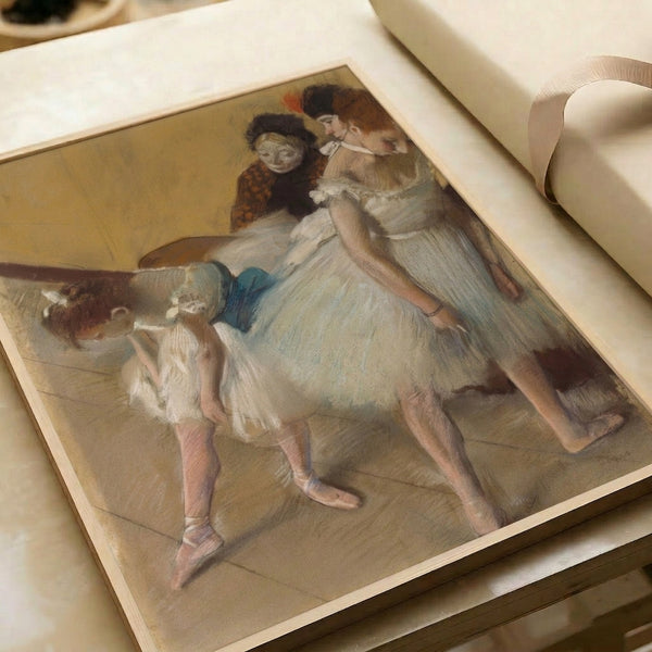 Framed poster displaying graceful dancers in soft impressionistic style, featuring warm neutral tones and capturing the poised intensity of a dance examination.