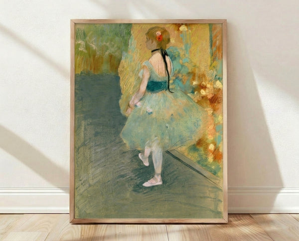 Impressionist painting of a ballet dancer in a flowing green dress, captured in a graceful pose with soft brushwork and muted tones characteristic of 19th-century French art.