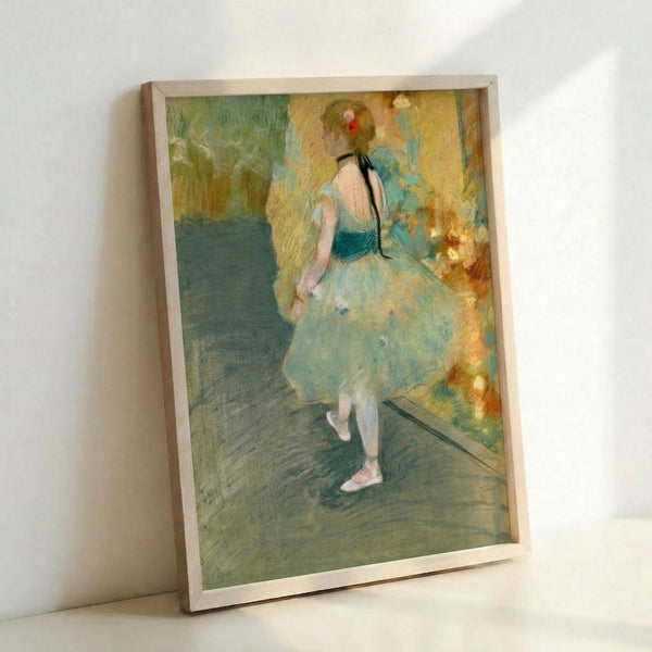 Museum-quality poster showcasing a ballerina in green, featuring the soft light and movement typical of impressionist portraiture and classical dance scenes.