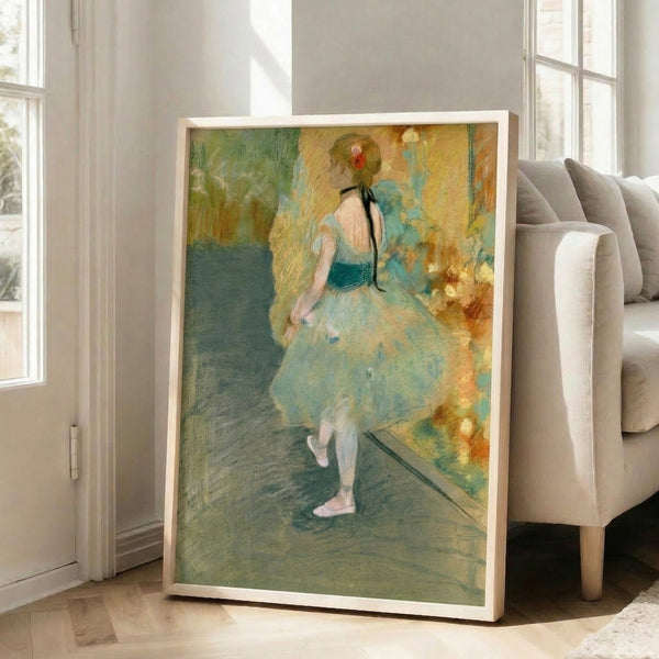 Dancer wearing a luminous green gown in an impressionist composition, captured mid-movement with subtle shading and an intimate, refined aesthetic.