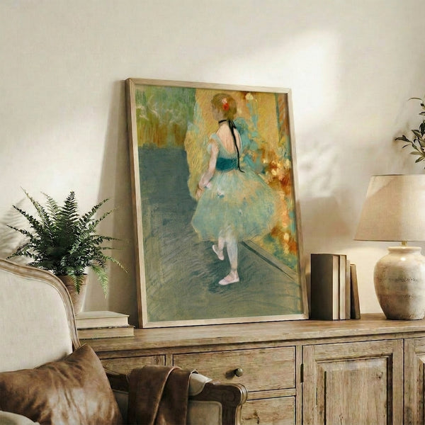 Classical ballet figure in a verdant dress, painted in loose impressionist brushstrokes with an ethereal, contemplative mood evoked through soft color transitions.