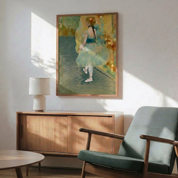 Framed wall art print of a performer in green, exemplifying impressionist techniques with muted jewel tones and graceful, flowing composition.