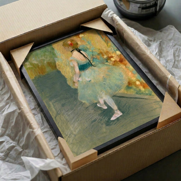 Impressionist-style artwork portraying a dancer in emerald green, featuring the soft, atmospheric quality and elegant poise of 19th-century ballet portraiture.