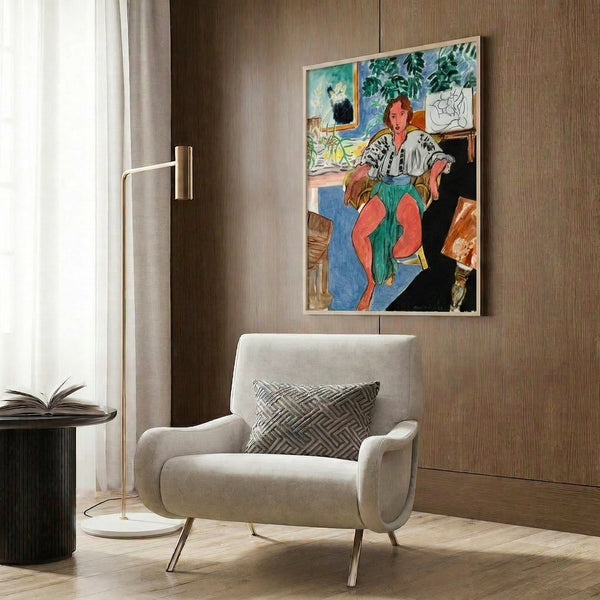Spare, gestural portrait of a dancer in repose rendered with fluid black lines on pale ground, exemplifying minimalist aesthetic wall decor.