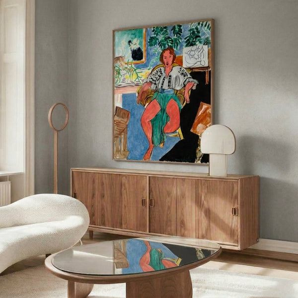 Refined linear figure study of a contemplative dancer, featuring economical brushwork and timeless elegance in a framed modern art poster format.