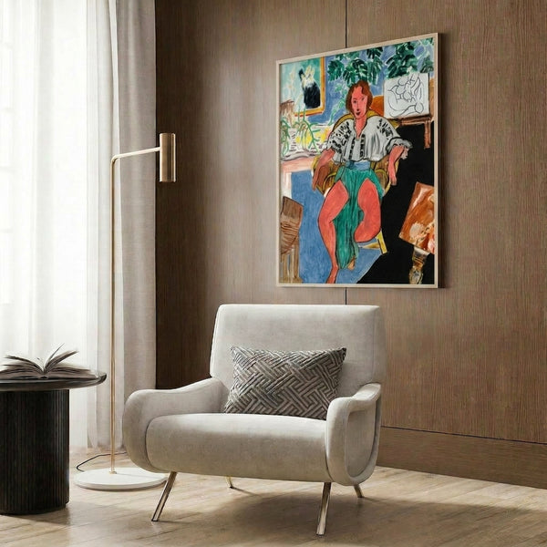 Serene framed print showcasing a female figure rendered in understated black linework, exuding graceful minimalist tranquility.