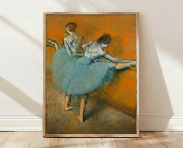 Framed poster of ballet dancers practicing at the barre in soft pastels and muted earth tones, capturing an elegant classical dance study.