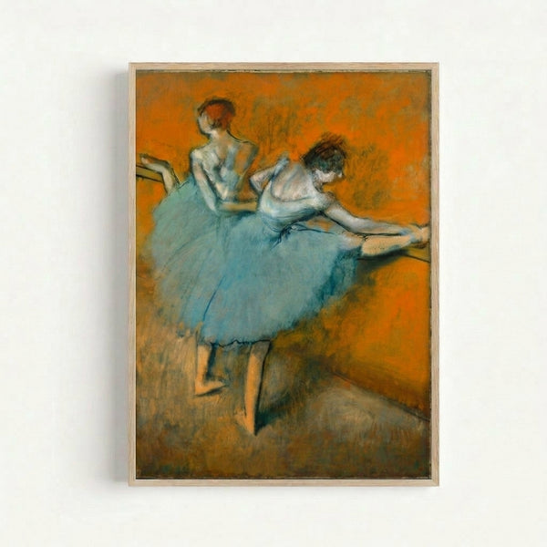 Wall art print depicting graceful dancers in training attire at a ballet barre, rendered in delicate impressionist style with warm neutral colors.
