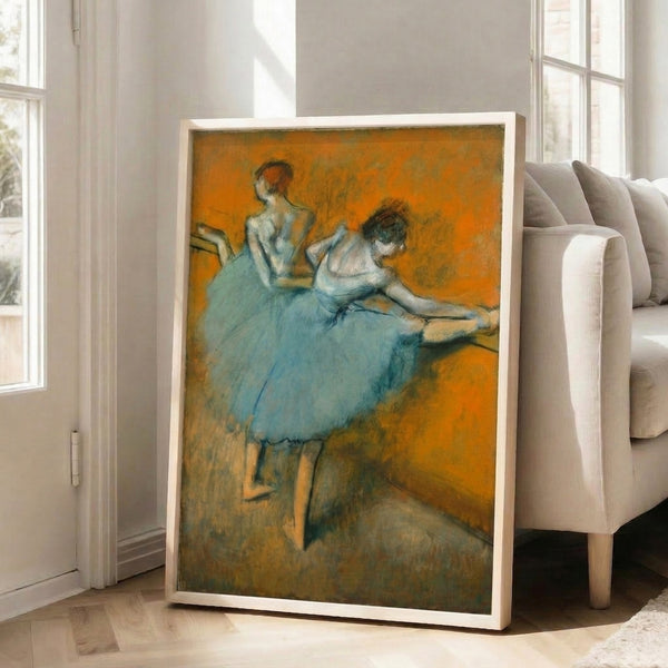 Minimalist poster of ballet dancers at the barre in subdued palette, evoking the quiet focus and discipline of classical dance training.