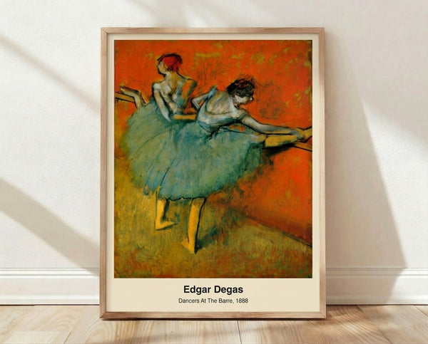 Impressionist ballet painting showing dancers in practice clothes at a wooden barre, rendered in soft cream, ochre, and muted blue tones with graceful gestures.