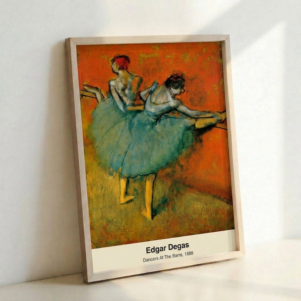 Classical ballet scene with poised dancers practicing at the barre, painted in soft Impressionist palette of creams, ochres, and cool blues capturing graceful movement.