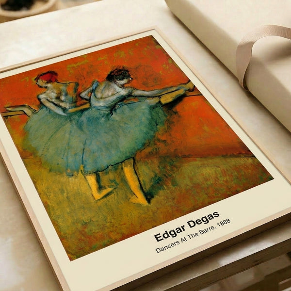 Ballet dancers in practice poses at a wooden barre, painted in warm cream and ochre with accents of blue and pink in classic Impressionist technique.