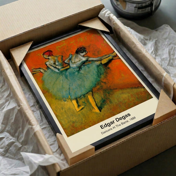 Impressionist framed art print showing graceful dancers at the barre in muted tones of cream, ochre, blue, and pink, capturing the artistic essence of ballet practice.