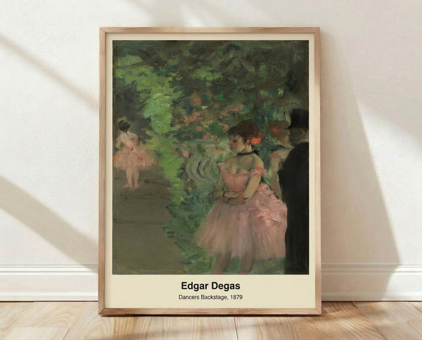 Impressionist ballet painting featuring dancers in muted ochre and grey tones, depicting an intimate backstage moment with figures adjusting costumes and warming up before performance.