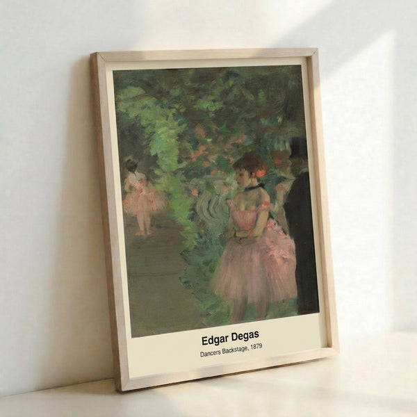 Vintage impressionist poster art displaying graceful dancers in natural ochre and green tones, evoking the theatrical intimacy of a 19th-century ballet rehearsal space.