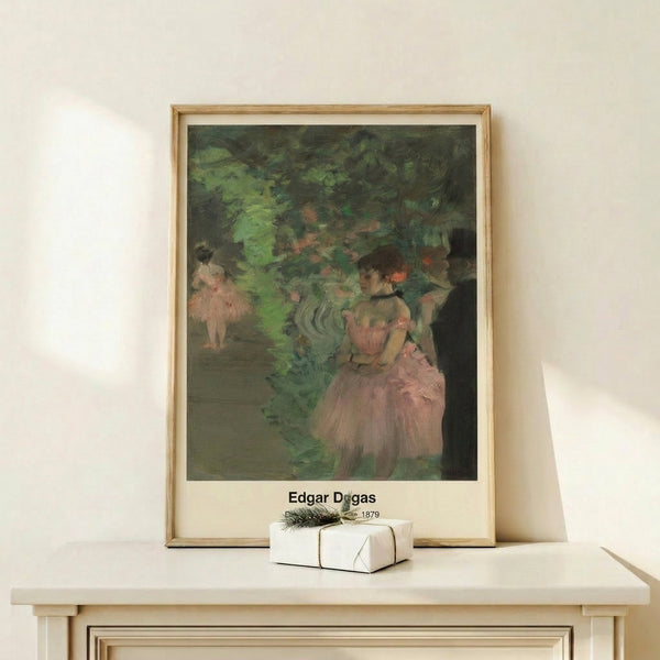 Classical ballet scene rendered in impressionist style with muted earth tones, showing dancers and attendants in a backstage setting with observational detail and soft brushwork.