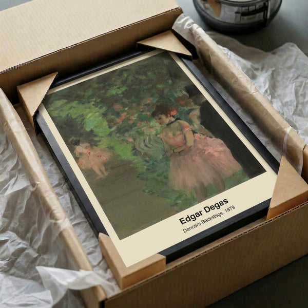 Vintage-style poster art showing a backstage ballet scene in muted ochre and grey tones, featuring dancers in a candid impressionist composition celebrating theatrical life.