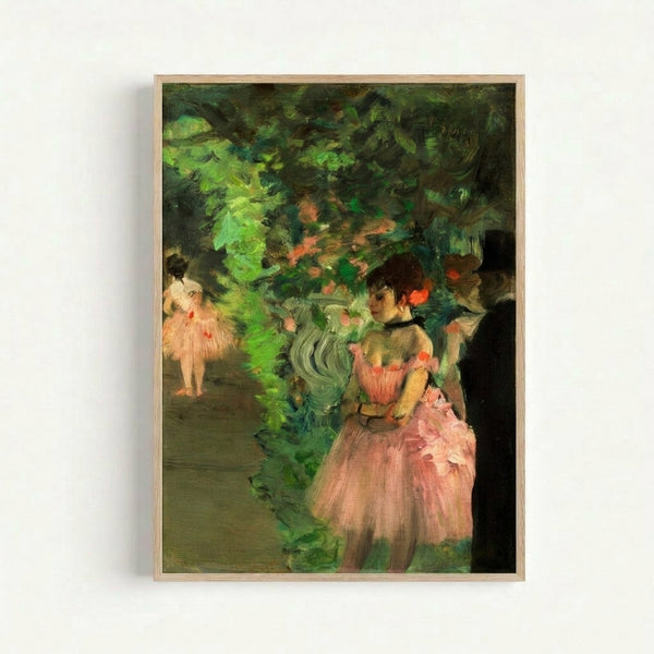 Vintage-style art print showing graceful ballet performers preparing offstage, capturing an intimate moment in classical Impressionist style.