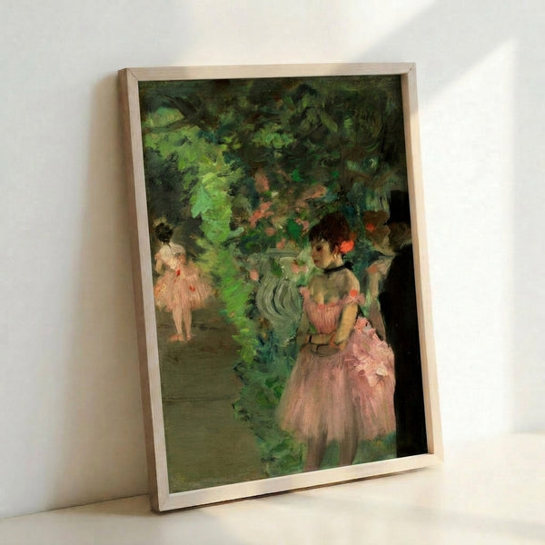 Framed wall art depicting dancers in a backstage scene with warm, subdued palette and loose brushstrokes characteristic of 19th-century French painting.