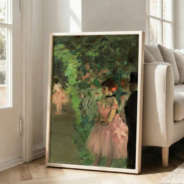 Poster of backstage ballet dancers in soft neutral and ochre tones, featuring the contemplative mood and refined composition of classical Impressionist artwork.