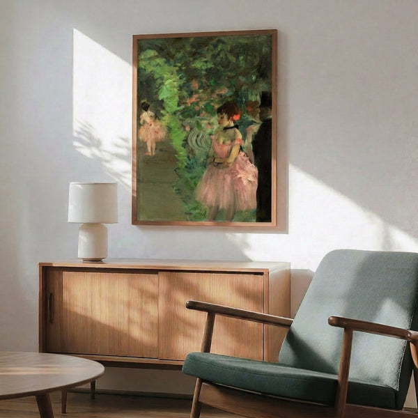 Wall-mounted poster of graceful dancers in a backstage interior, executed in soft impressionistic style with delicate detail and warm, understated colors.