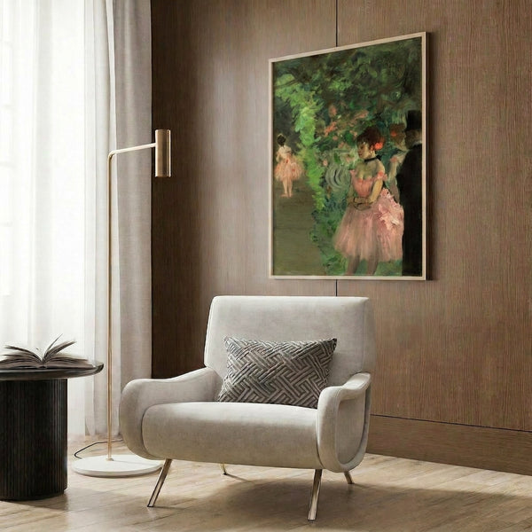 Vintage-inspired framed art print capturing an intimate backstage ballet scene with impressionistic brushwork and a sophisticated palette of muted tones.