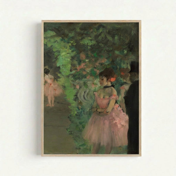 Vintage-style art print depicting graceful dancers in rehearsal, rendered in delicate impressionist technique with muted earth tones and cream, displayed as framed wall decor.