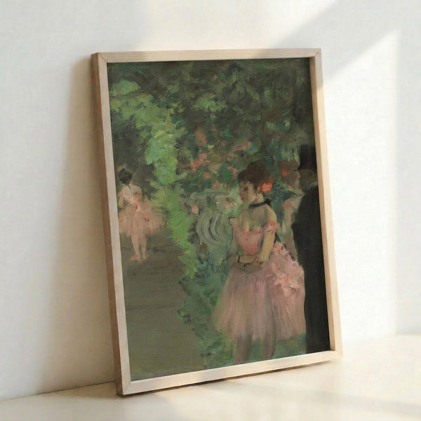 Soft impressionist composition showing performers adjusting costumes backstage, featuring gentle peachy and golden hues with romantic vintage aesthetic, presented as a framed art print.