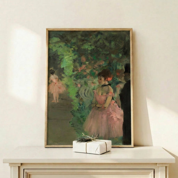 Ballet dancers in quiet contemplation backstage, painted in impressionist style with warm neutrals and subtle shadows, mounted as a classic poster for home or studio decor.