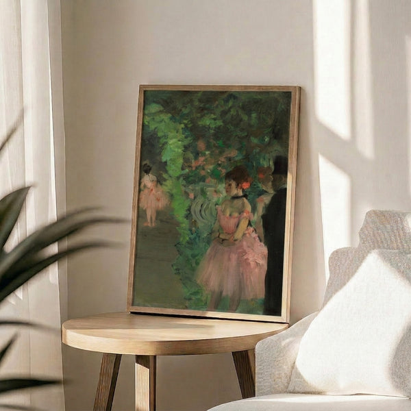 Warm-toned impressionist artwork portraying dancers in a backstage setting with vintage charm and pastel palette, hung as a fine art print on display.