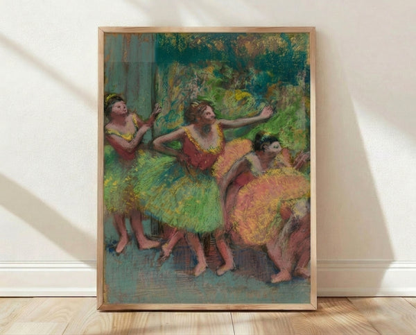 Framed vintage watercolor poster depicting dancers backstage, rendered in soft pastels and muted earth tones characteristic of 19th-century impressionist style.