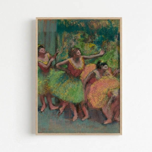 Impressionist-style portrait print showing dancers in an intimate backstage moment, featuring delicate watercolor techniques and a contemplative, nostalgic mood.