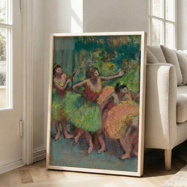 Vintage masterpiece poster displaying backstage dancers in impressionist watercolor, evoking a serene and artistic atmosphere with its muted color palette.