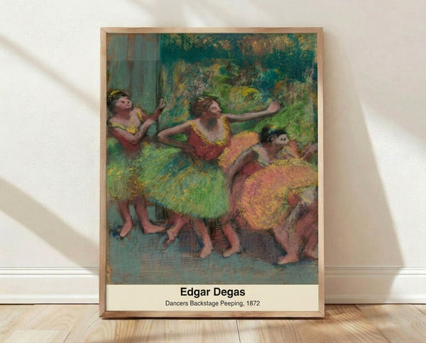 Impressionist watercolor painting of ballet dancers backstage in soft cream, ochre, and brown tones, framed as a vintage art print.